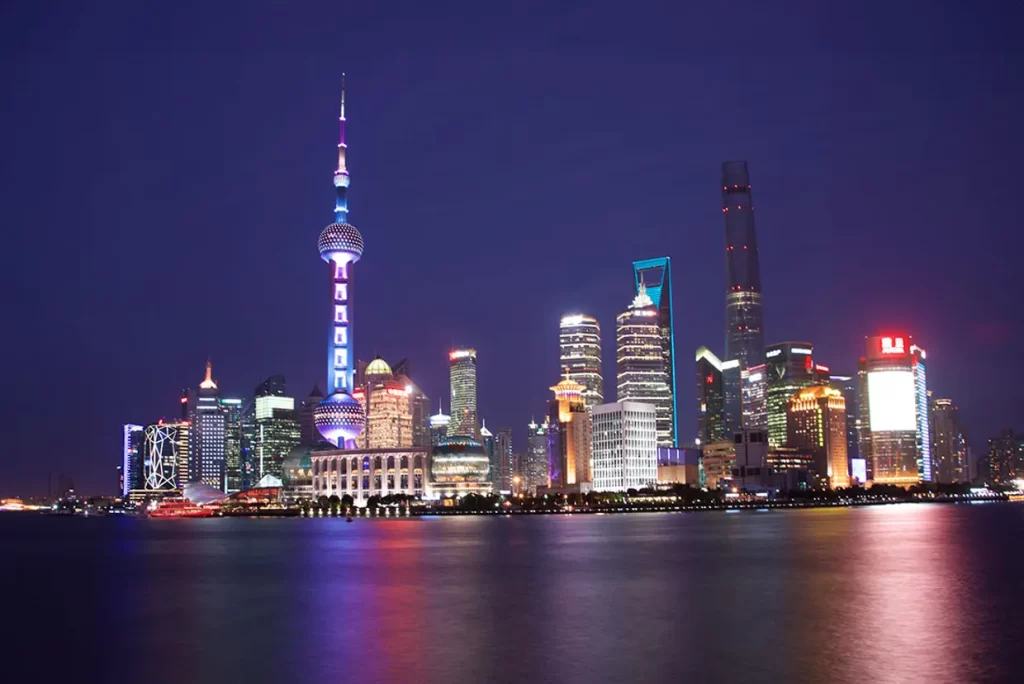 Shanghai skyline at night during the Travellers China Highlights tour