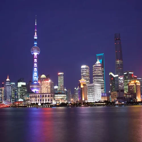 Shanghai skyline at night during the Travellers China Highlights tour