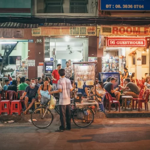 Bustling street scene with motorbikes in Ho Chi Minh City, Vietnam